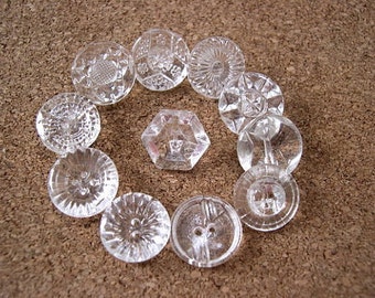 12 Vintage glass buttons, beads, transparent clear glass, assorted shapes and ornaments,