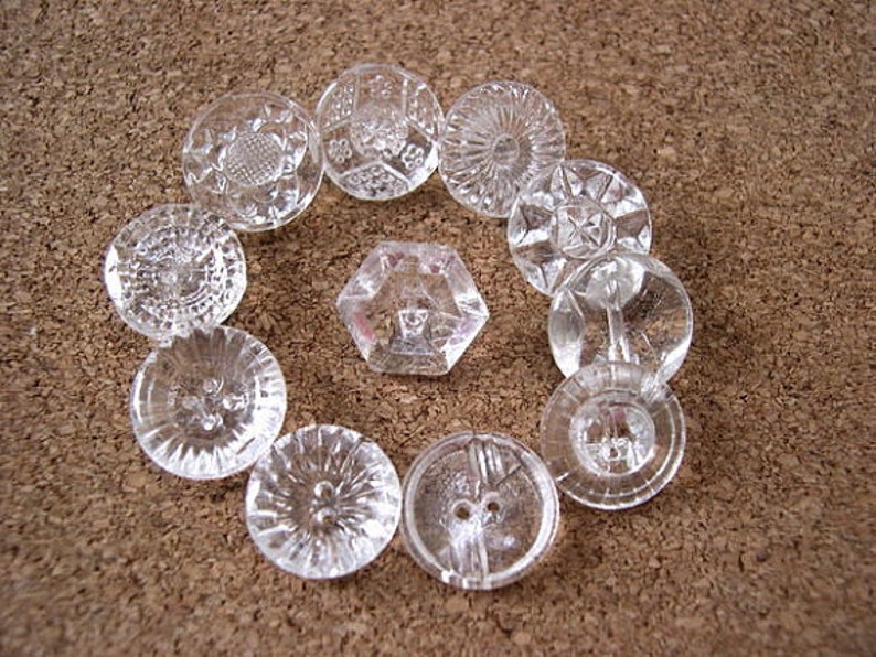 12 Vintage glass buttons, beads, transparent clear glass, assorted shapes and ornaments, image 1