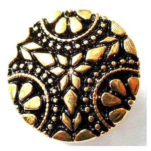 6 Buttons, vintage,  flower ornament, bronze color on black, plastic. 27mm