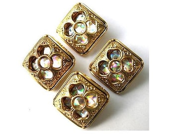 6 Vintage Gold Tone Square Buttons: Rhinestone Flower Design
