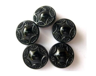 6 Antique vintage glass buttons, black, six pointed star flower for button jewelry, 18mm