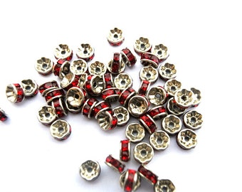 10 Vintage Swarovski rondelle beads red crystal rhinestone on silver color base 5mm spacer beads