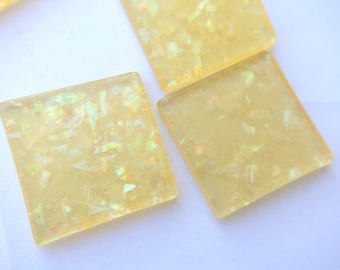 2 Vintage cabochon, yellow  with gold color glitters lucite plastic square 32mm