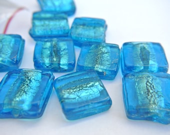 6 Vintage Blue Foil Glass Beads: 20mm Square