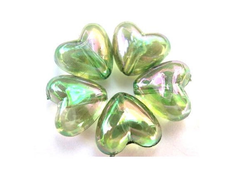 25 Vintage beads heart shape lucite plastic translucent green 10mm image 1