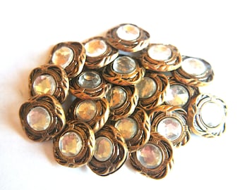 6 Vintage Bronze Plastic Buttons: Jewel Art Rhinestone Shank Buttons (14mm)