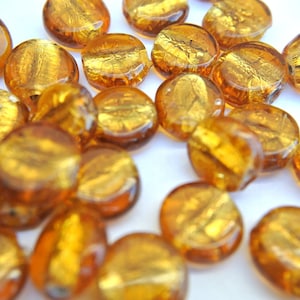 10 Beads, glass foil beads deep warm yellow color, vintage beads 13mmx6mm