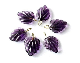 6 Vintage glass dangling beads leaf shape with self loop purple 15mmx12mm