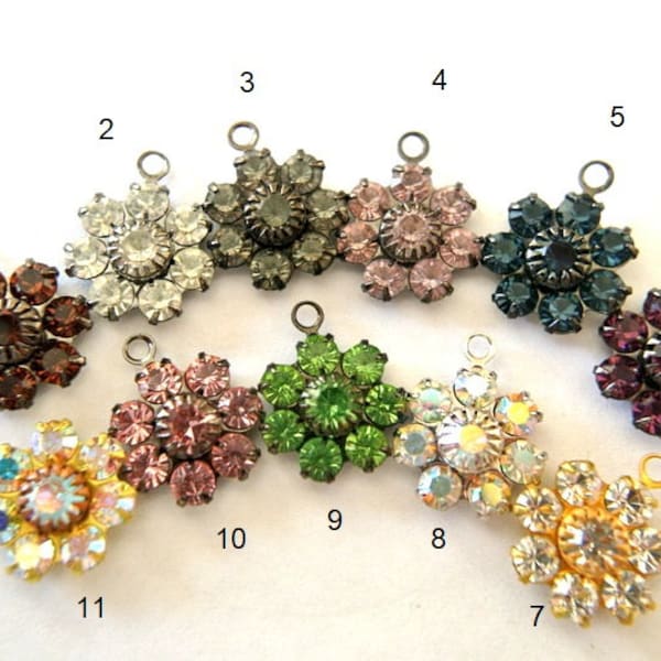 6 SWAROVSKI flowers, dangling beads, antique vintage,  flower shape, embeded crystals, 11mm-11 colors-select your color