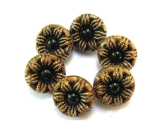 Antique vintage button, flower black glass with bronze color  Czech,  glass, black can be use for button jewelry