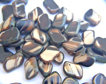 10 Czech glass beads, unique rectangle shape 14mmx9mm shades of black and cream Czech beads