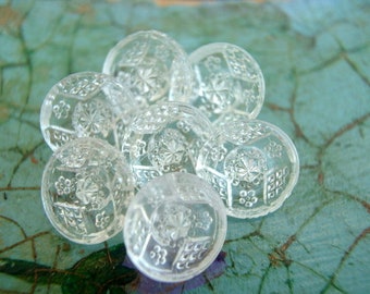 10 Buttons, clear glass, antique vintage, Czech, unique pattern with flower, 14mm