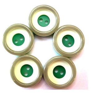 6 vintage knopen, plastic knopen, 3 lagen patroon, grijs, wit, groen