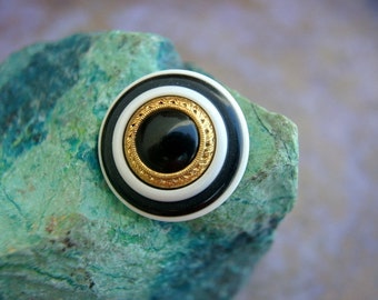 boutons vintage, 6 boutons en plastique, noir, blanc, motif cercles dorés