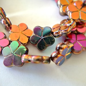 6 Flower beads, Czech glass flower beads 17mm, high quality elegant artisian, metalic shades