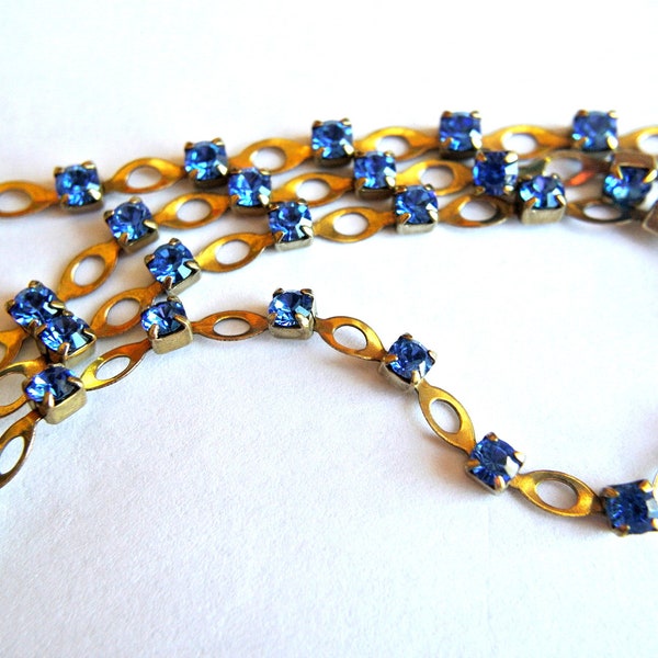 18 inches Vintage Swarovski chain, rhinestone chain, Swarovski blue crystals embedded in brass setting-Swc37