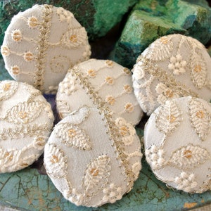 Buttons, covered buttons with white embroidered fabric, cloth buttons, fabric buttons, handmade-select quantity