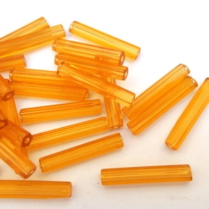 15 Vintage Yellow Glass Bugle Beads: Faceted Tube Beads (25mm)