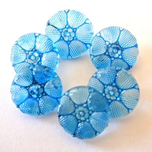 6 Vintage Czech glass buttons, 6 flowers hand painted in blue-choose size
