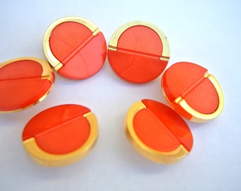 6 Vintage buttons orange plastic with gold trim, retro, select size and quantity