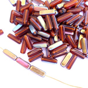 30 Vintage glass beads brown AB color tube beads, 14x5x3.5 mm