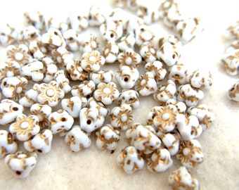 20 Flowers glass beads white with gold color trim beads, CZECH 7mmx5mm