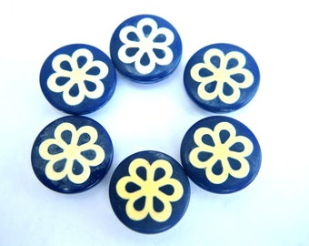 6 Vintage buttons blue color with cream shade flower trim buttons-select size