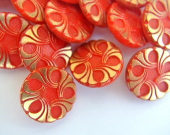 6 Vintage glass buttons, red glass with gold flower ornament, 18mm