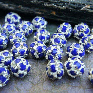 6pcs Vintage Swarovski beads, dark blue crystals in silver color setting creating ball shape 10mm RARE