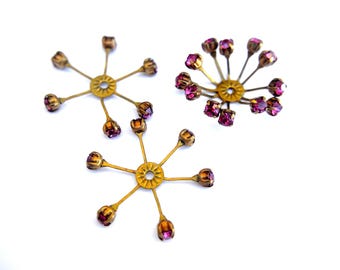 2 Vintage SWAROVSKI Flower Beads: 32mm Fuschia Pink Crystals, Brass Setting