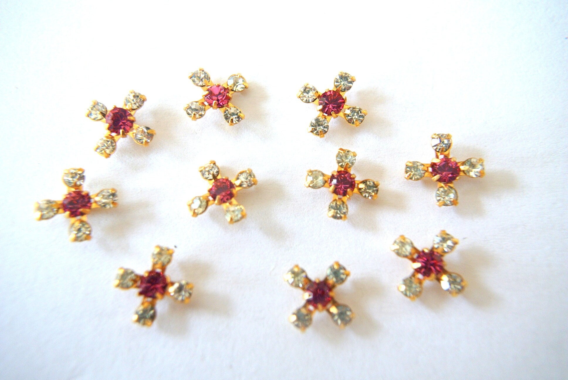 10 Vintage Swarovski trims clear crystal rhinestones with pink in metal setting- RARE