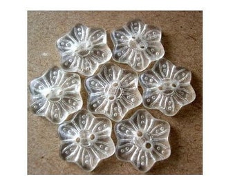 6 Vintage clear glass buttons, six petal flower shape, transparent, ornament, can be use as beads