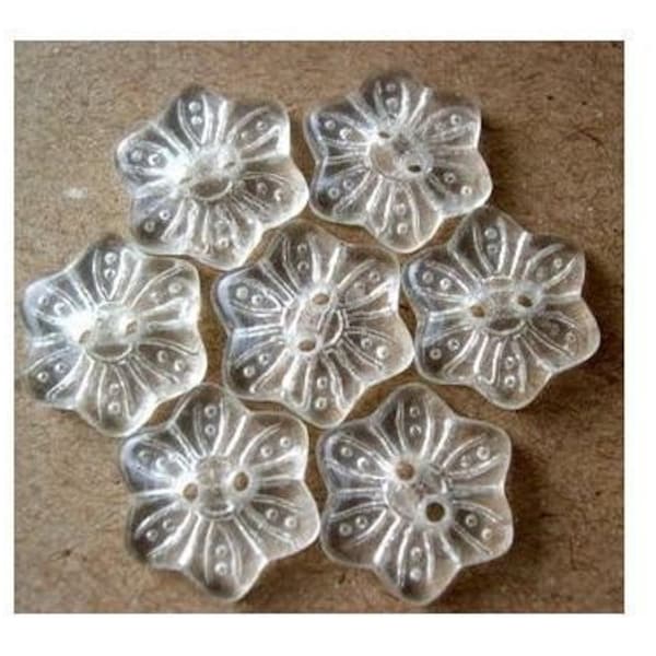 6 Vintage clear glass buttons, six petal flower shape, transparent, ornament, can be use as beads