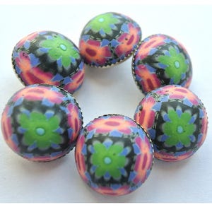 6 Buttons plastic colorful flowers, unique, 15mm