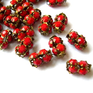 2 SWAROVSKI  beads, antique vintage, opaque redcrystals in metal setting