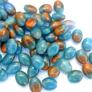 25 Czech glass beads, brown blue Czech beads 9mmx7mm, oval shape