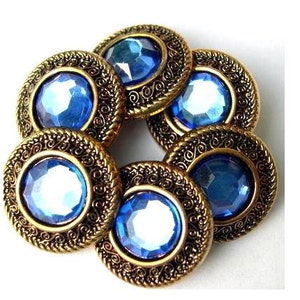 6 Vintage buttons, plastic, button jewel with blue rhinestone 21mm image 1