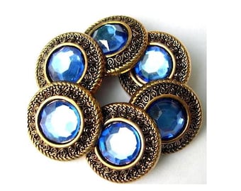 6 Vintage buttons,  plastic, button jewel with blue rhinestone 21mm