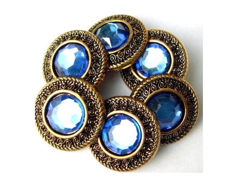 6 Vintage buttons, plastic, button jewel with blue rhinestone 21mm image 1