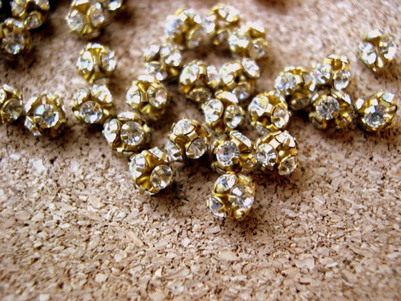 10 Vintage Swarovski crystal ball beads, 4mm, clear rhinestones in brass setting RARE image 2