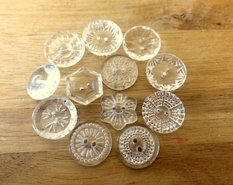 12 Antique vintage GLASS Czech crystal buttons assorted shapes and ornaments, 18mm