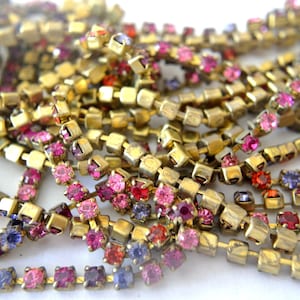 Vintage Swarovski łańcuszek z kryształkami: różne kolory, oprawa mosiężna, 18 cali