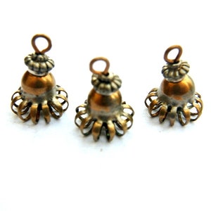 2 Vintage metal dangling beads, bronze color, unique, 16mm length