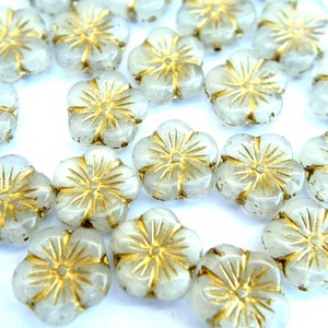 15 Czech Glass Flower Beads: White with Gold, 15mm