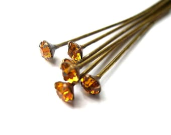 6 Vintage Swarovski headpins findings yellow to orange crystal 4mm, wire 52mm