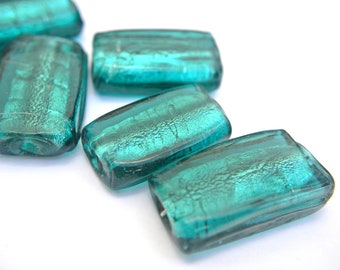 2 Vintage Teal Glass Foil Beads: Large 35mm x 20mm