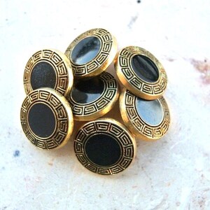 6 Vintage buttons plastic black with gold color ornament