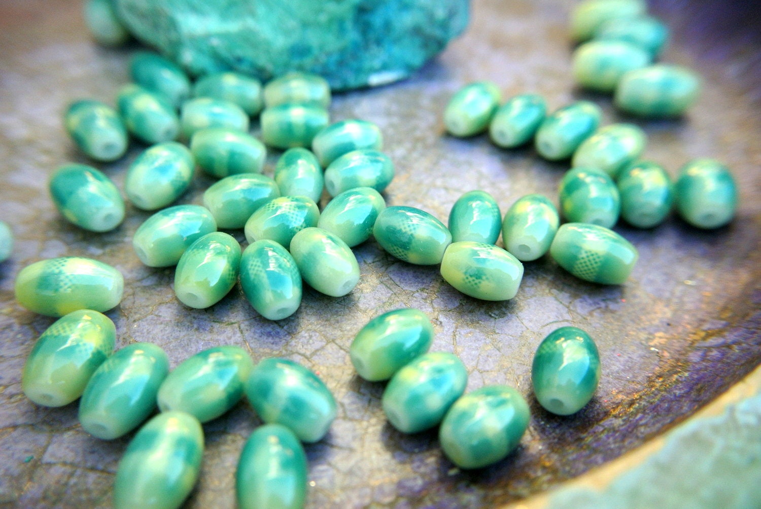 VINTAGE glass beads 11mmx6mm vivid colors green Etsy