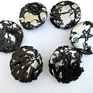 6 Handmade Black Lace Fabric Buttons: 38mm Covered Buttons