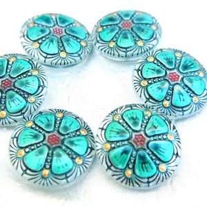Glass button flower design shank button, blue red shades hand painted jewel button BOHEMIAN BUTTON 27mm, Czech handmade